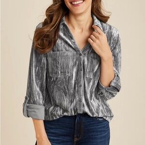 Maurices Winona Velvet Button Down Blouse Solid Gray Collared Xlarge Women’s